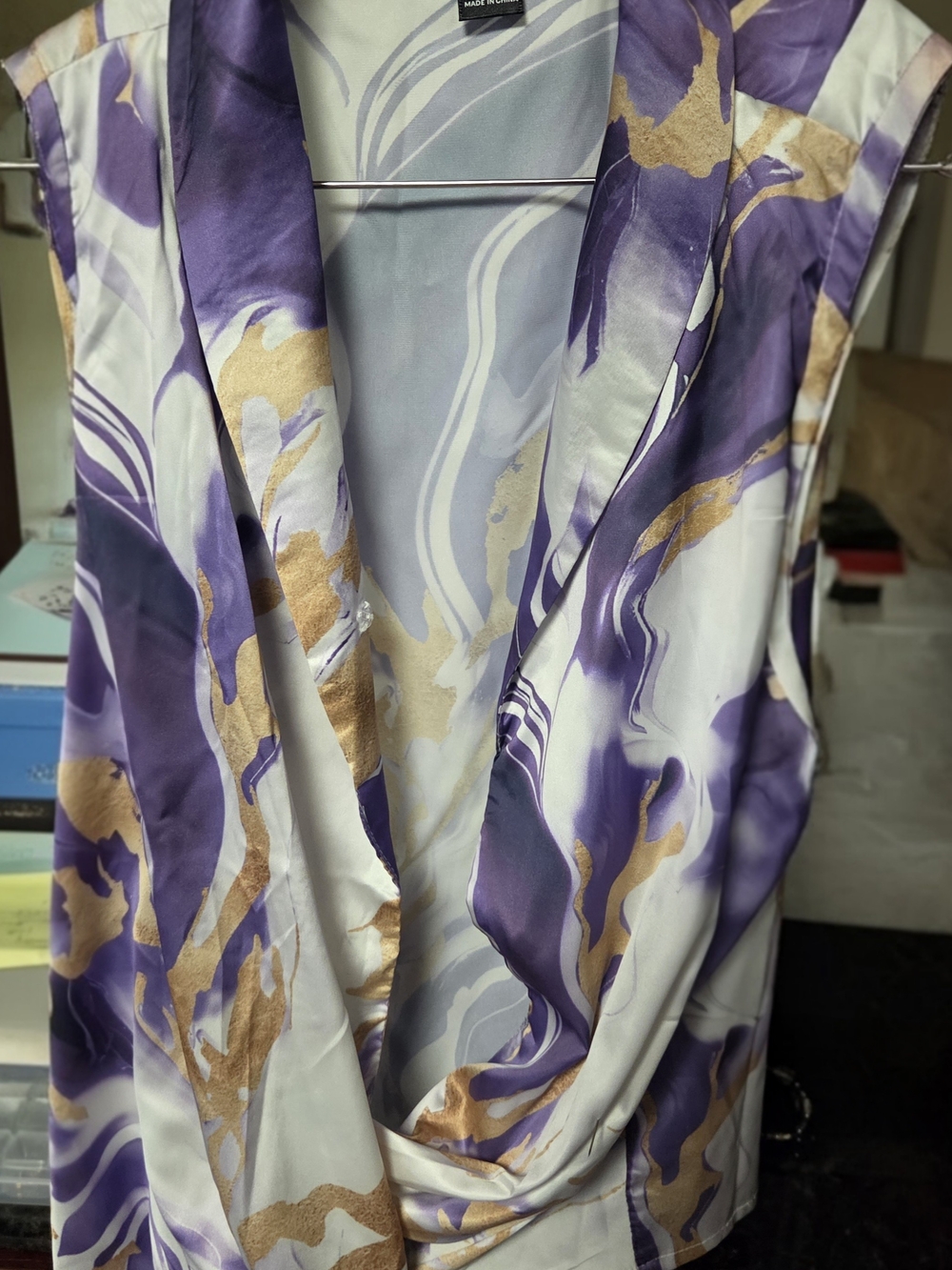 Silky Purple Marble Print Drape Front Top